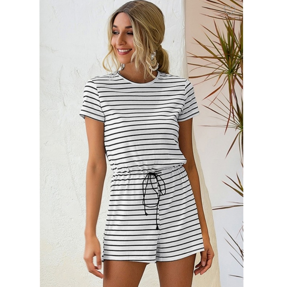 White and black ribbed striped romper